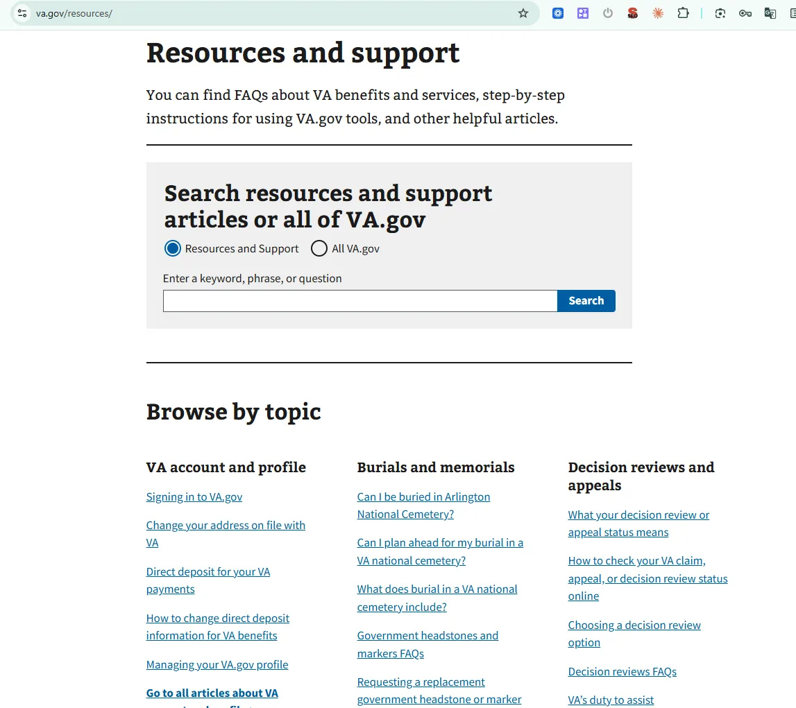VA.gov resources and support page