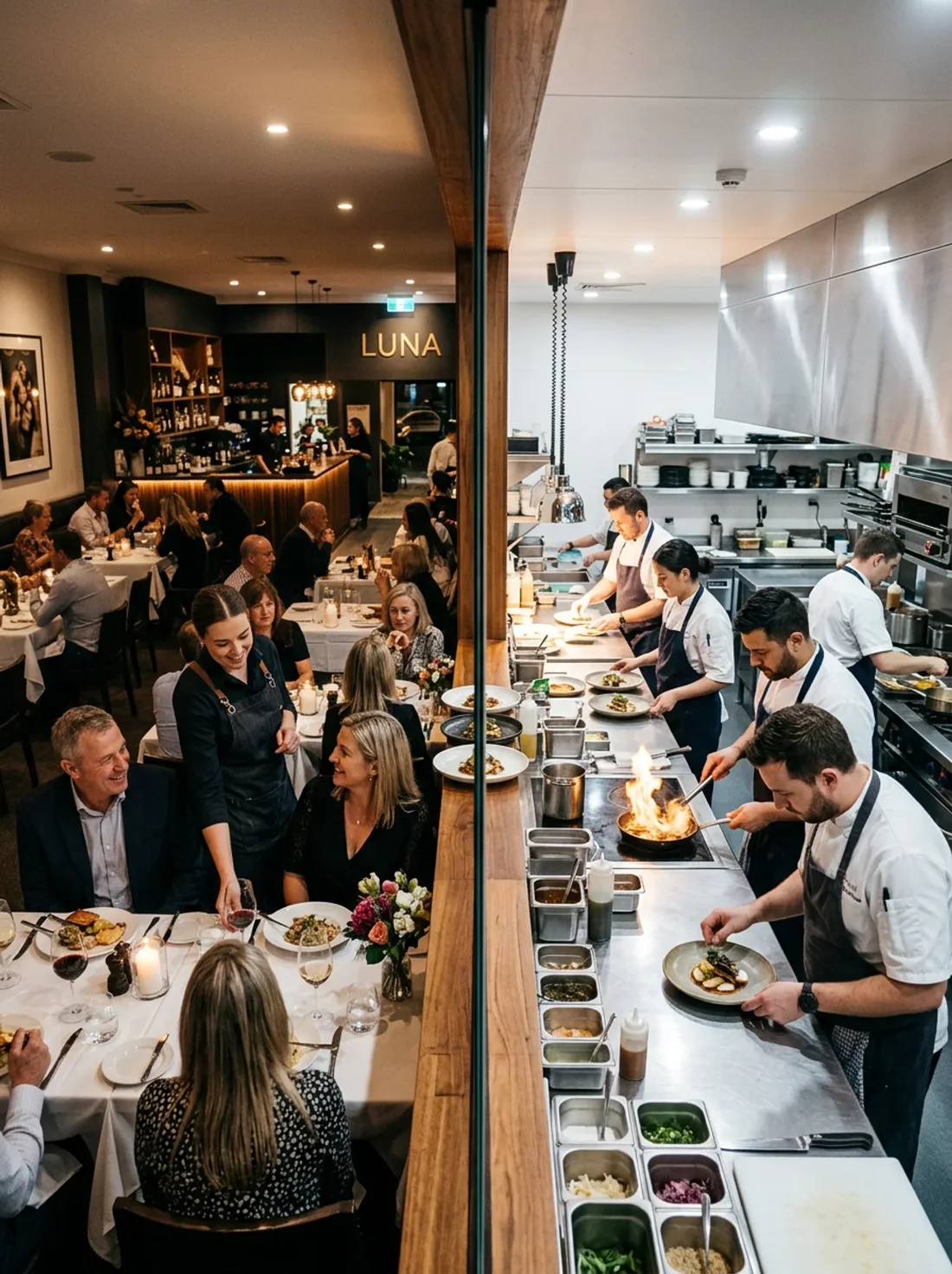 Ein volles Restaurant: links der Gastraum, rechts die offene Küche, getrennt durch den Pass.
